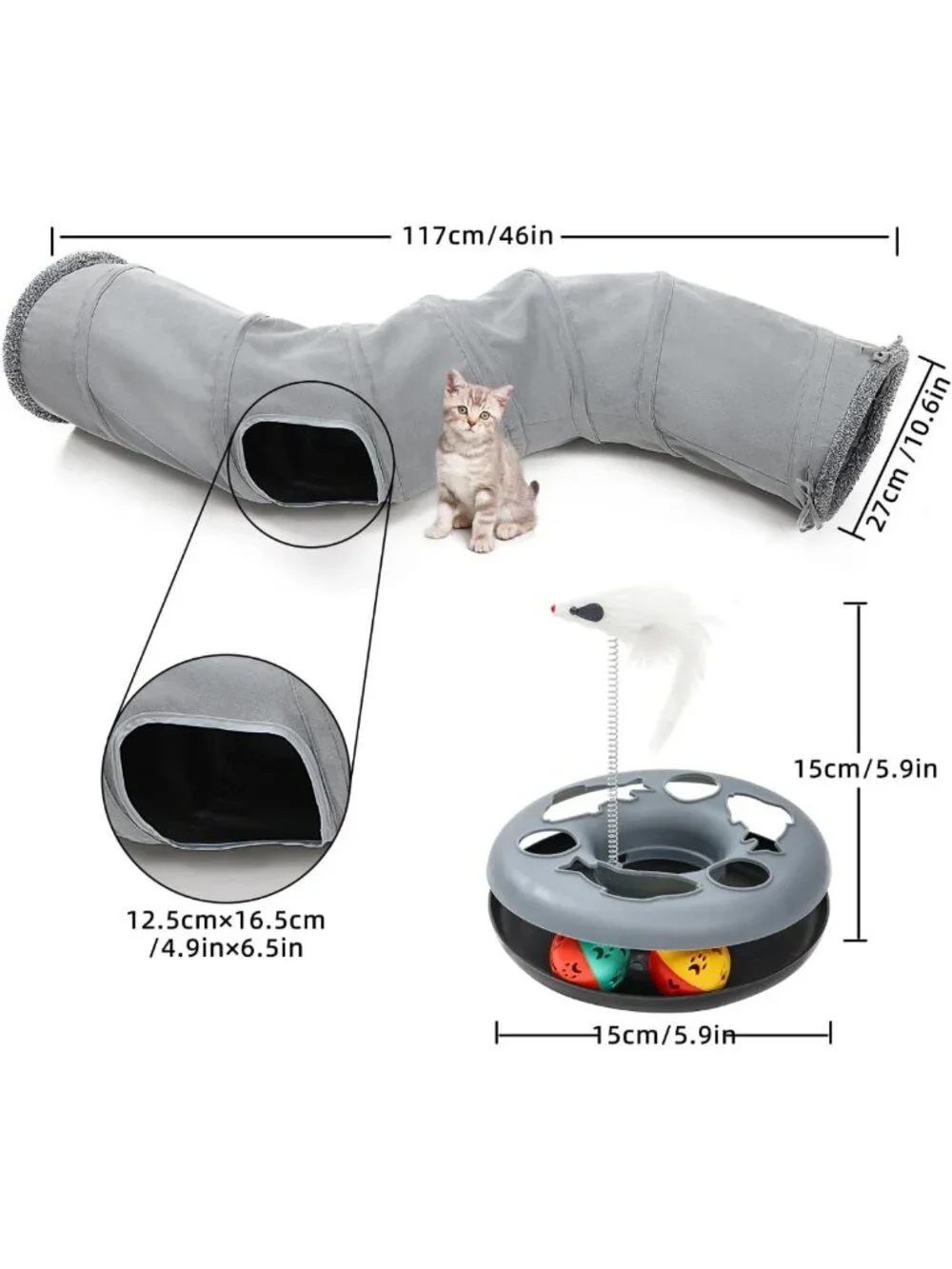 Collapsible 2-Way Cat Tunnel Tube with Peephole & Hanging Ball - Fun Maze for